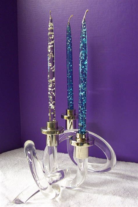 4 Vtg 10 Lucite Acrylic Candlesticks Candles Clear W Gold Flakes 853
