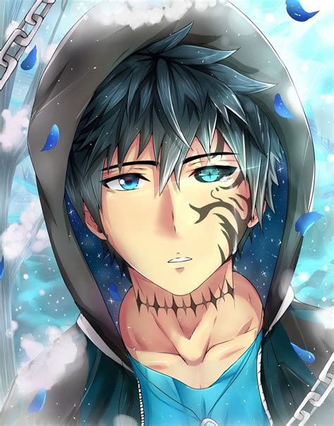 An Anime Character With Blue Eyes And Black Hair Wearing A Hoodie In