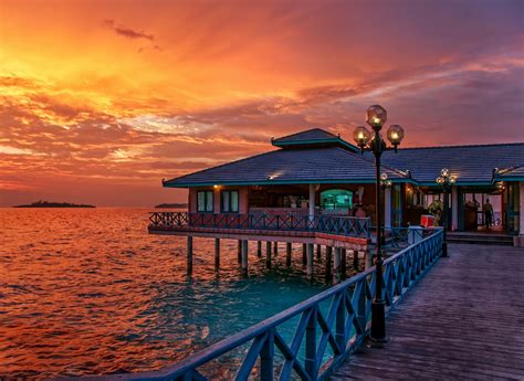 Maldives Resort Sunset Sea Tropical Sky Walkway Water Nature
