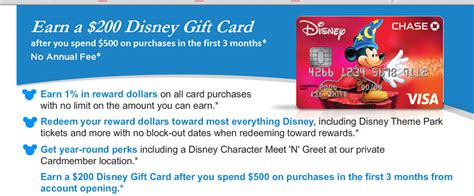 Compare options to find the best chase card for you. Earn a $200 Disney Gift Card with the Disney Rewards Visa Card- and there is no annual fee ...