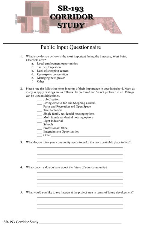Public Input Questionnaire Sr 193 Corridor Study
