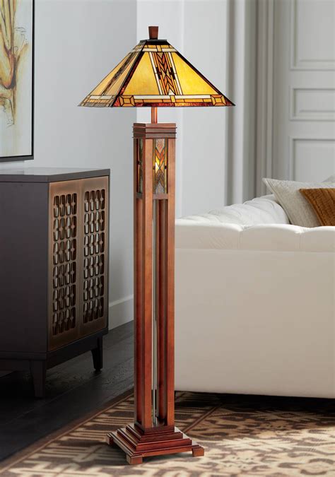 Tiffany Style Floor Lamp Mission Wood Column Stained Glass For Living