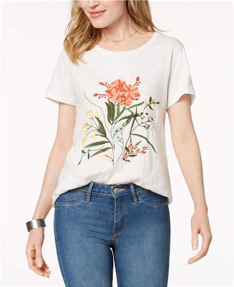 Styleandco Style And Co Cotton Floral Embroidered T Shirt Created For Macys Embroidered Tshirt