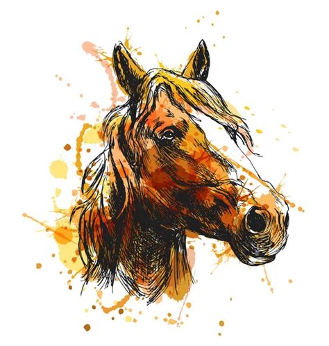 Horse Head Portrait From Splash Of Watercolors Hand Drawn Sketch Stock
