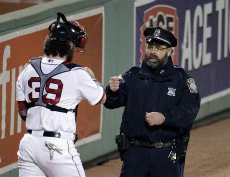 Jarod Saltalamacchia Fist Pumps Red Sox Bullpen Cop Steve Horgan Before Game 6 Of Alcs Red Sox
