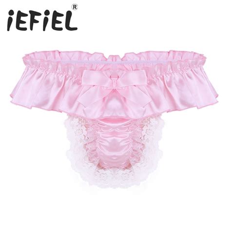 iefiel mens shiny soft satin lingerie floral lace with bowknot high cut sissy bikini briefs