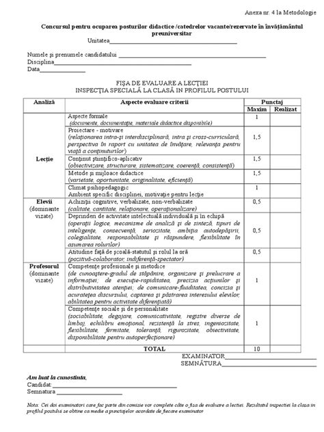 Fisa De Evaluare A Lectiei Inspectie Titularizare