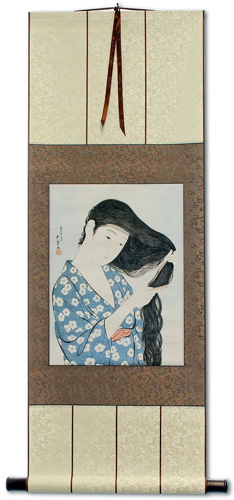 Woman In Blue Combing Hair Japanese Woodblock Print Repro Wall Scroll