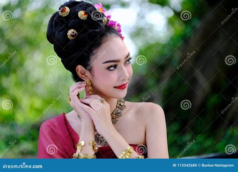 Beautiful Thai Girl In Traditional Dress Costume As Thai Temple Stock