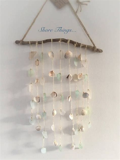 Driftwood Sea Glass Shell Wind Chime Blues And Clear Beach Etsy