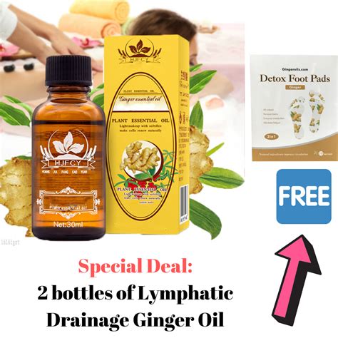 2 Bottles Lymphatic Drainage Ginger Oil With Free Ginger Detox Foot Pa