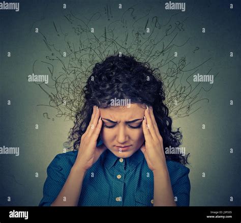 Closeup Sad Young Woman With Worried Stressed Face Expression And Brain