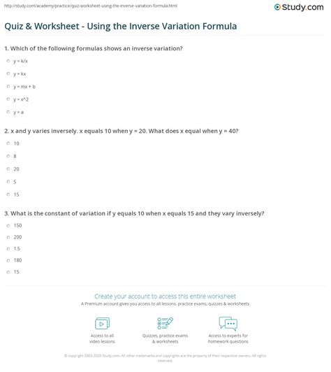 Quiz And Worksheet Using The Inverse Variation Formula