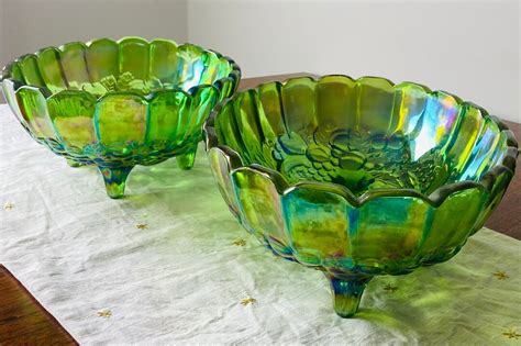 Carnival Glass Footed Bowls Green Vintage Indiana Glass Etsy