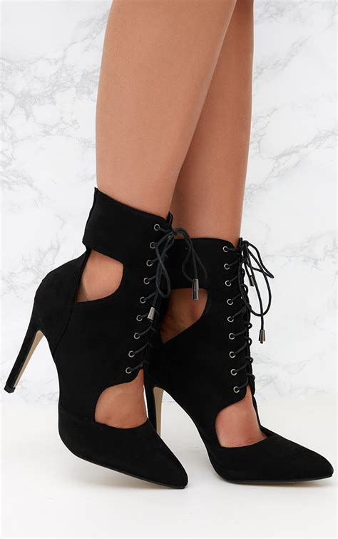 Black Cut Out Faux Suede Lace Up Heeled Ankle Boot Prettylittlething