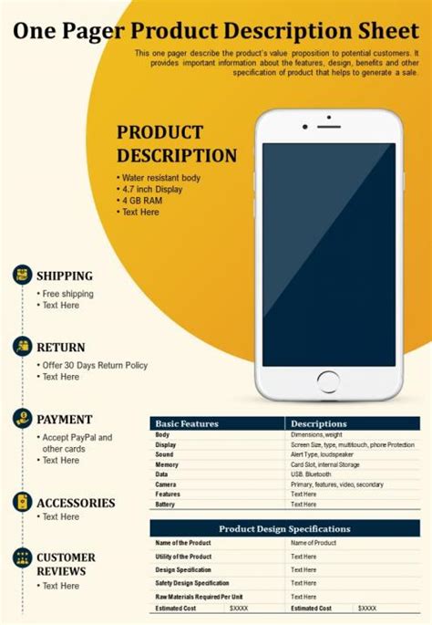 One Pager Product Description Sheet Presentation Report Infographic Ppt