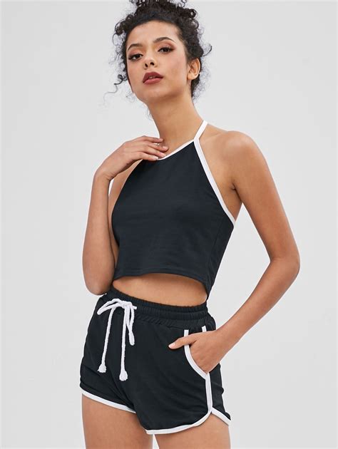 [30 Off] 2021 Halter Crop Top And Piping Shorts Set In Black Zaful