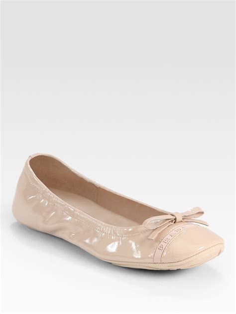 Lyst Prada Patent Leather Bow Ballet Flats In Natural