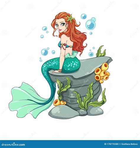 Beautiful Cartoon Mermaid With Curly Red Hair And Green Fish Tail Sitting On Sea Rock With