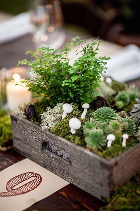 Rustic Box With Moss Mushrooms And Succulents Woodland Wedding