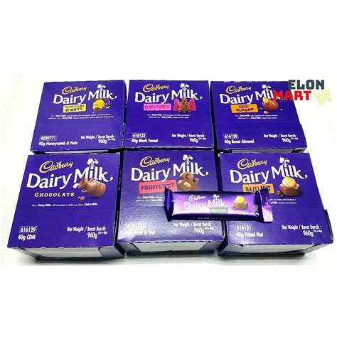 Full cream milk, sugar, cocoa butter, cherry flavoured jellies (sugar, invert sugar, glucose syrup (from wheat and corn), thickener (1401 (from wheat)), glazing agent (vegetable oil, 903), flavour, colour (163), food acid (330), maize starch), cocoa mass, milk solids, biscuit pieces. Cadbury Dairy Milk Chocolate (24 x 40g) (Original ...