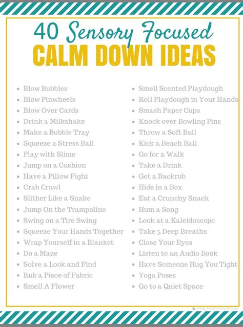 A List With The Words Calm Down Ideas In Yellow Blue And Green On It