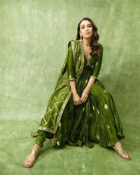 Celebrity Look Karishma Kapoor Inspired Green Satin Silk Full Flared Angrakha Style Anarkali