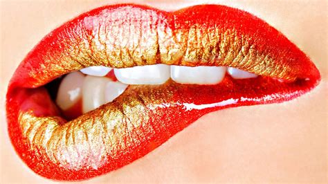 Lips Gold Kiss Lipstick Mouth Red Teeth Free Hd Wallpapers Resolution