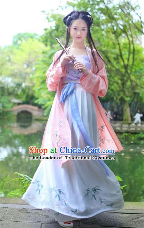 Asian China Han Dynasty Hanfu Costume Traditional Chinese Princess Embroidery Pink Dress