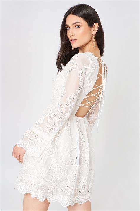 Long Sleeve Lace Mini Dress White Na