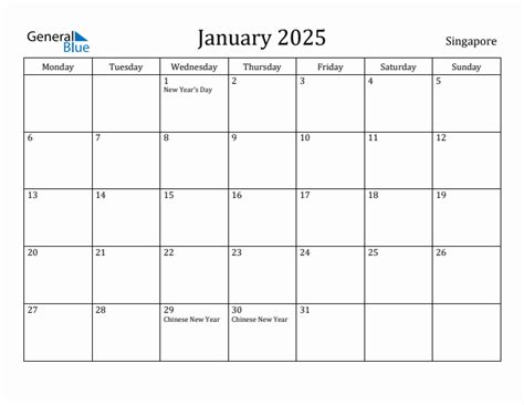 January 2025 Singapore Monthly Calendar With Holidays