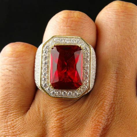 Mens Ruby Ring Gold Color Classic Male Vintage Men 925s Ring Red Stone