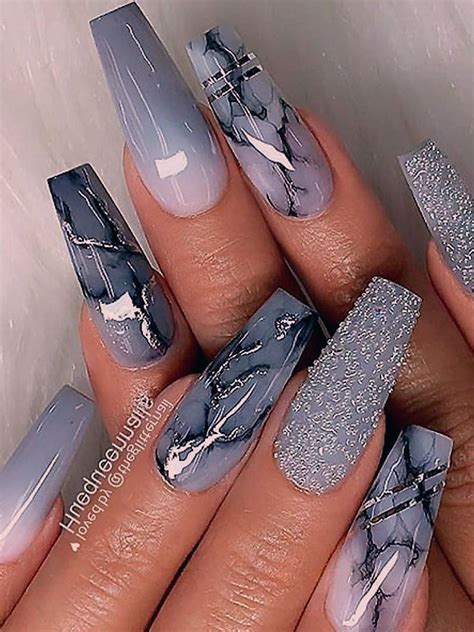 Amazing Grey Coffin Shaped Nails With Marble Glitter And Ombre Grey