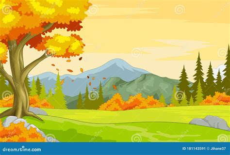 Vector Autumn Landscape Forest View With Mountain Trees And Grass