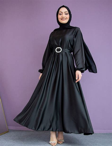 Nude Saten Mevlana Abiye Elbise Siyah