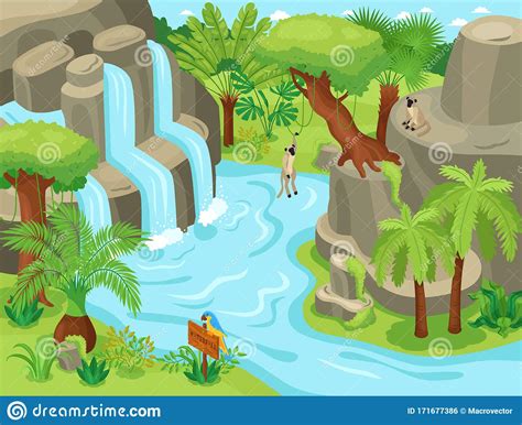 Waterfall In A Jungle Cartoon Vector