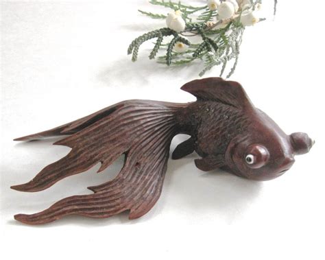 Vintage Hand Carved Wood Koi Asian Fighting Fish Sculpture Rosewood