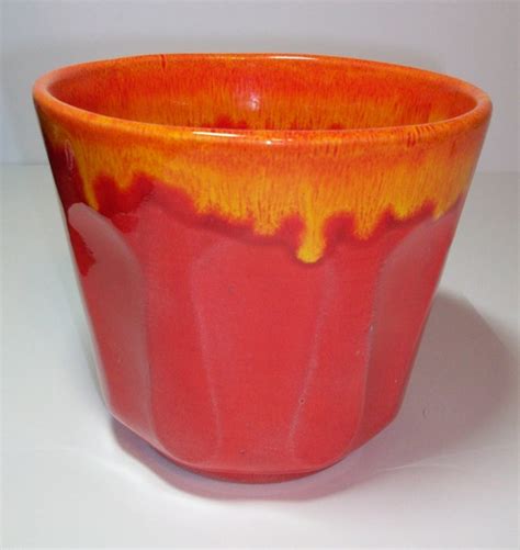 Vintage Bright Orange Drip Pottery Planter 60s Container