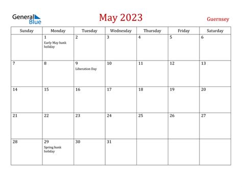 Guernsey May 2023 Calendar With Holidays