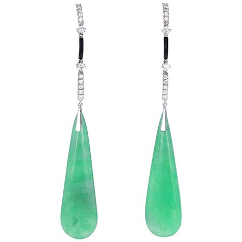 These Deco Inspired Chrysoprase Diamond And Black Jade Long Dangle