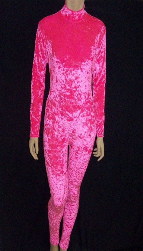 Hot Pink Crushed Velvet Unitard Catsuit Bodysuit By Ninacorrea