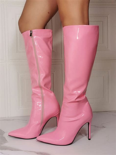 Women Knee High Boots Patent Pu Upper Pink Pointed Toe Stiletto Heel