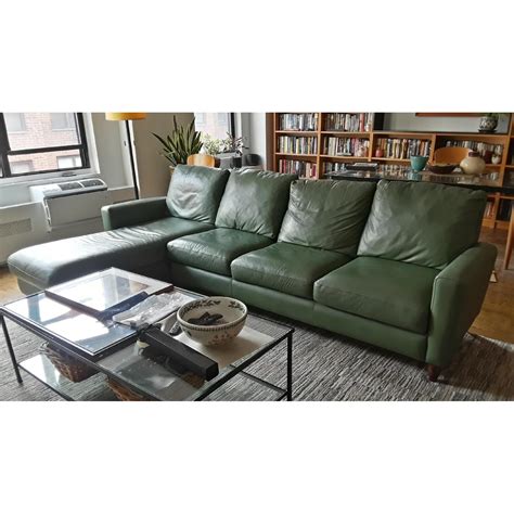 Italian Olive Green Leather Sectional Sofa Aptdeco