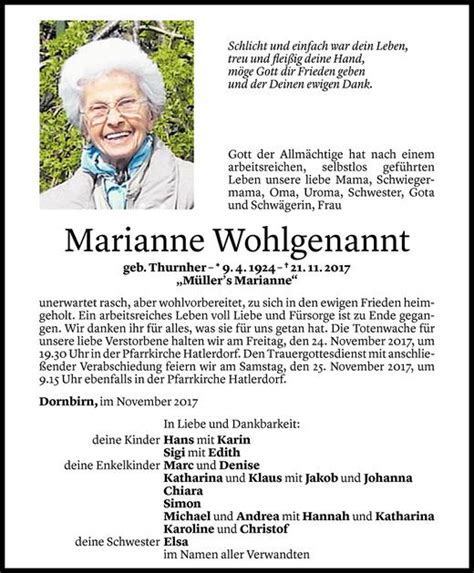Todesanzeigen Von Marianne Wohlgenannt Todesanzeigen Vorarlberger