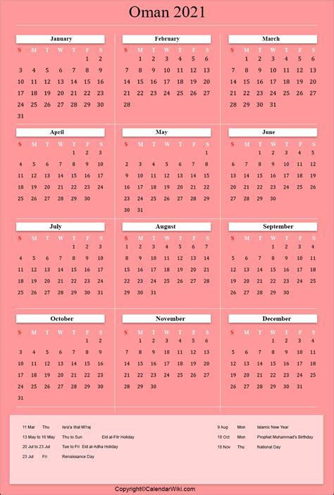 Printable Oman Calendar 2021 With Holidays Public Holidays