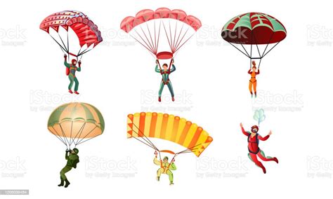 Set Of Different Colorful Skydivers Vector Illustration In Flat Cartoon