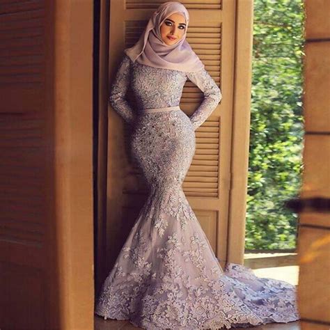 Turkish Islamic Muslim Mermaid Evening Dresses Lace Long Sleeve Prom