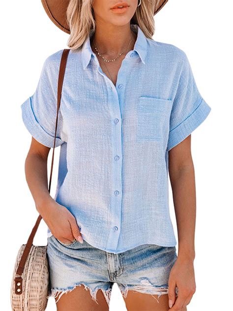 Women Cotton Linen Blouse Summer Solid Color Short Sleeve Lapel Neck