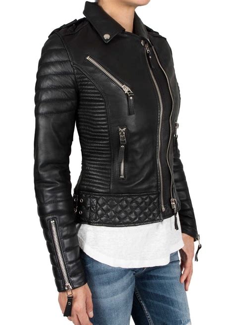 Leather Skin Women Black Padded Diamond Quilted Brando Leather Jacket