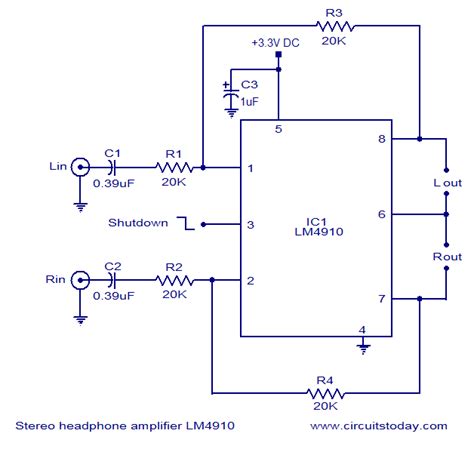 It shows the components of the circuit as simplified shapes, and the capability and signal friends surrounded by the devices. LM4910 stereo headphone amplifier circuit. 0.35mW power output, 3.3V operation